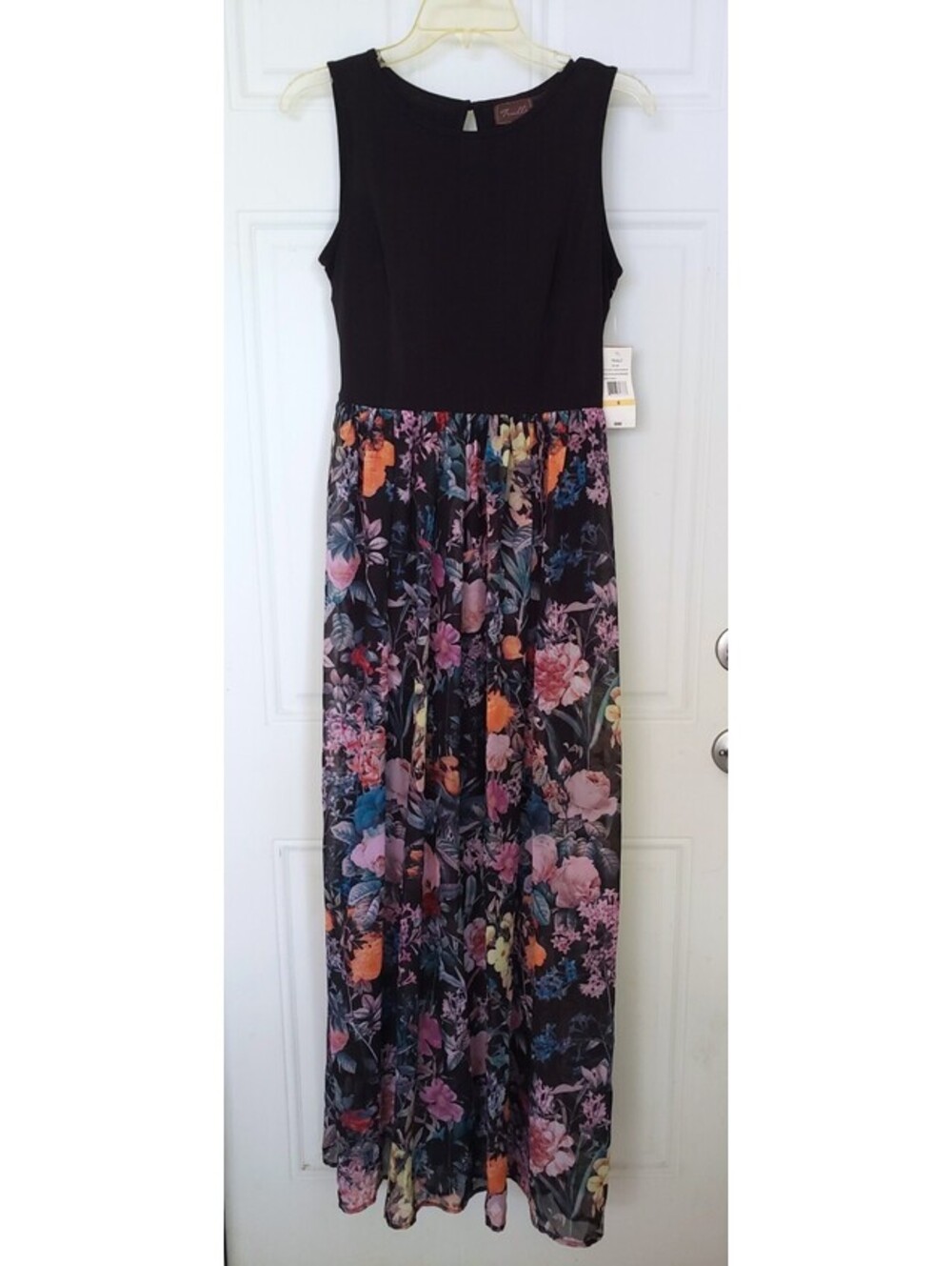 Trulli  Sz S  Black Floral Chiffon Stretch Sleeveless Maxi summer party dress - Picture 2 of 6